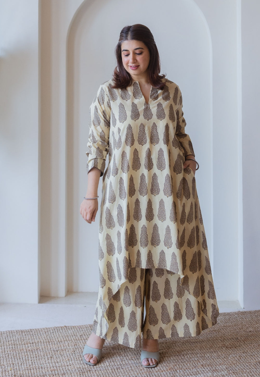 Priya Beige Ajrakh Cotton Asymmetrical Co-Ord Set