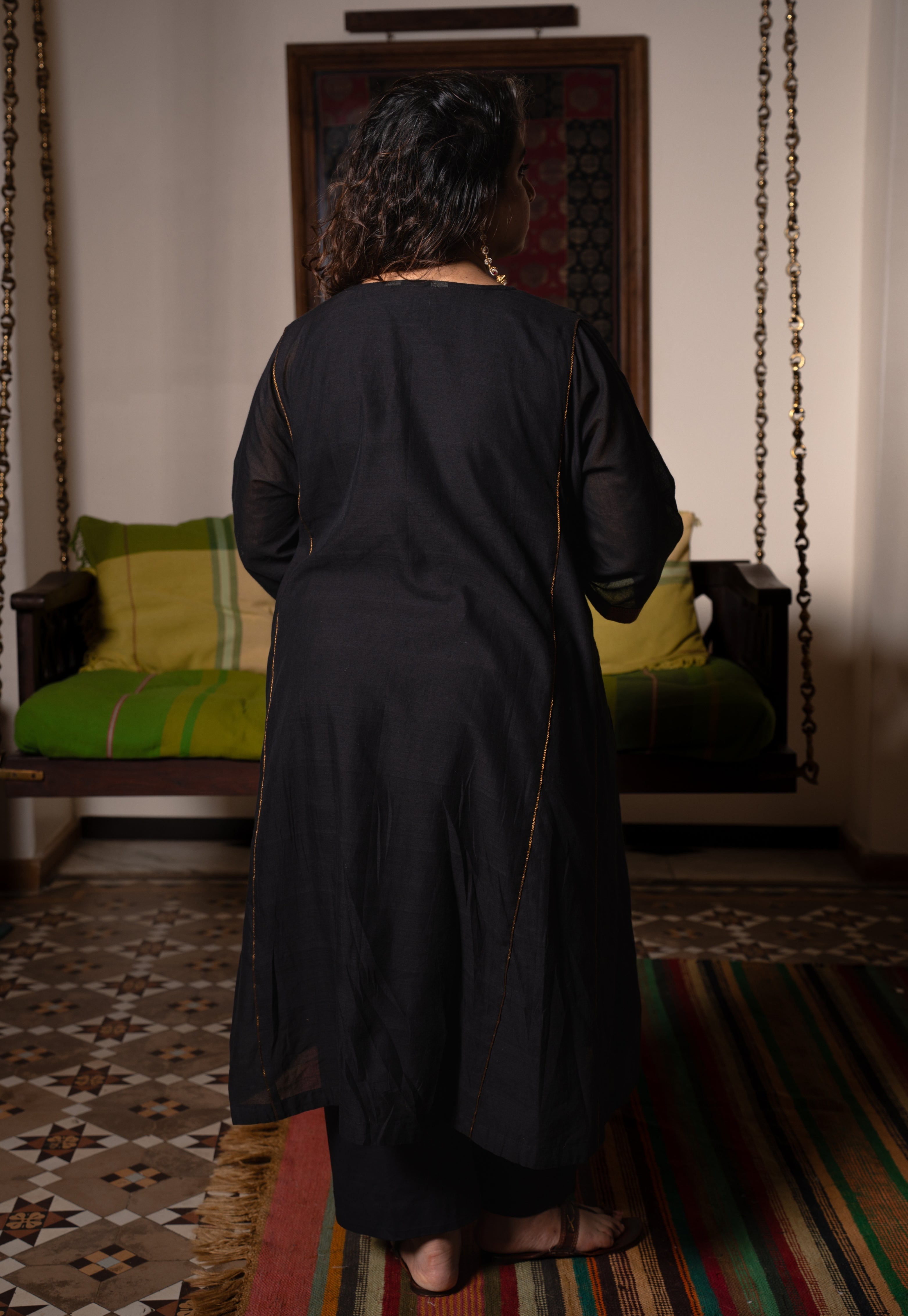 Nyra Black Mangalgiri Cotton Jhabbha Kali Kurta with Nizam Border