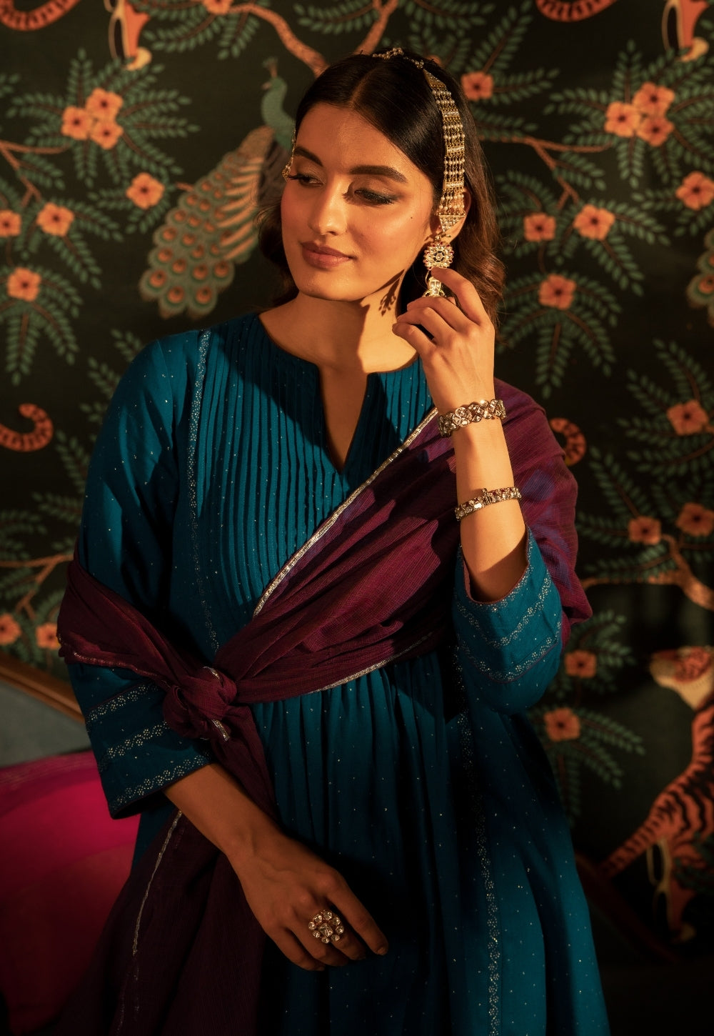Jannat Blue Rogan Handblock Printed Cotton Flex Suit Set (Set of 3)