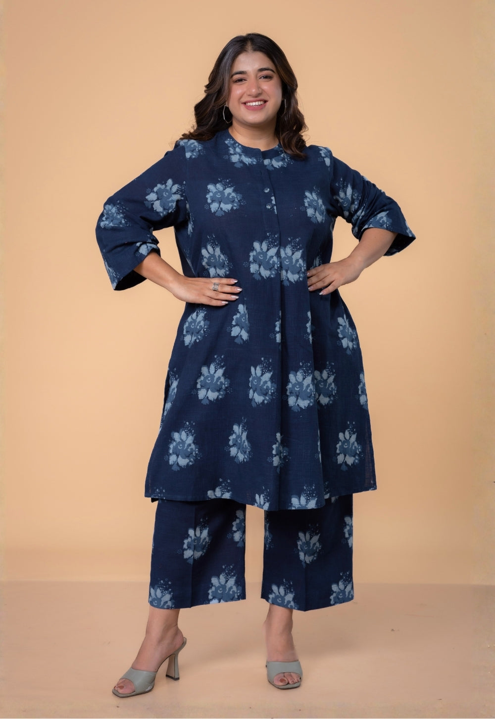 Harshi Blue Dabu Slub Cotton Straight Co-Ord Set