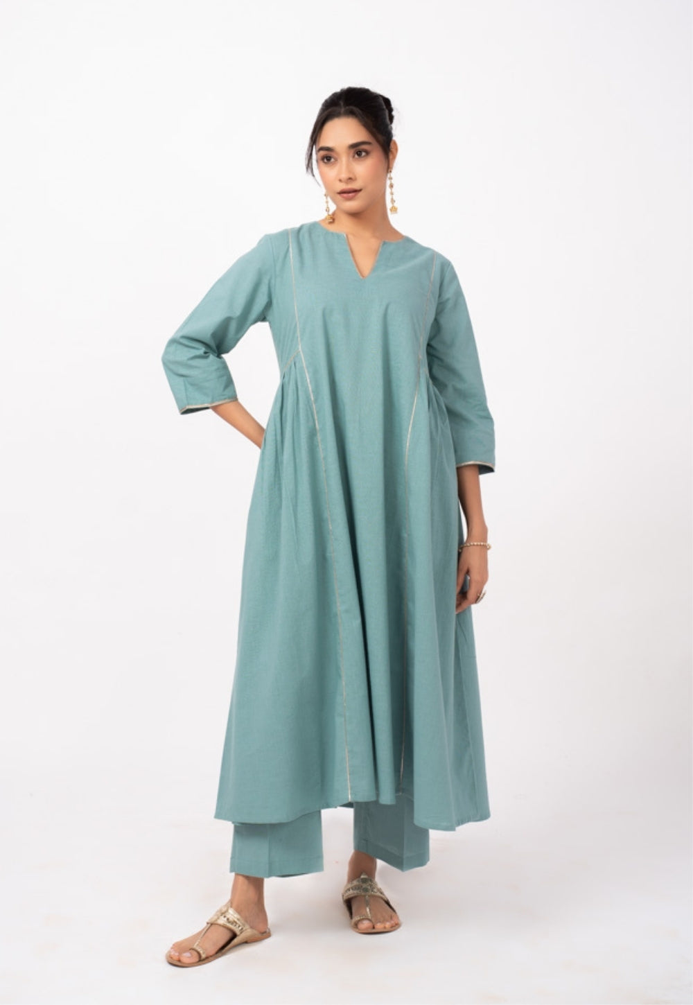 Tamanna Blue Solid Slub Cotton Kali Kurta Suit Set with Printed Dupatta (Set of 3)