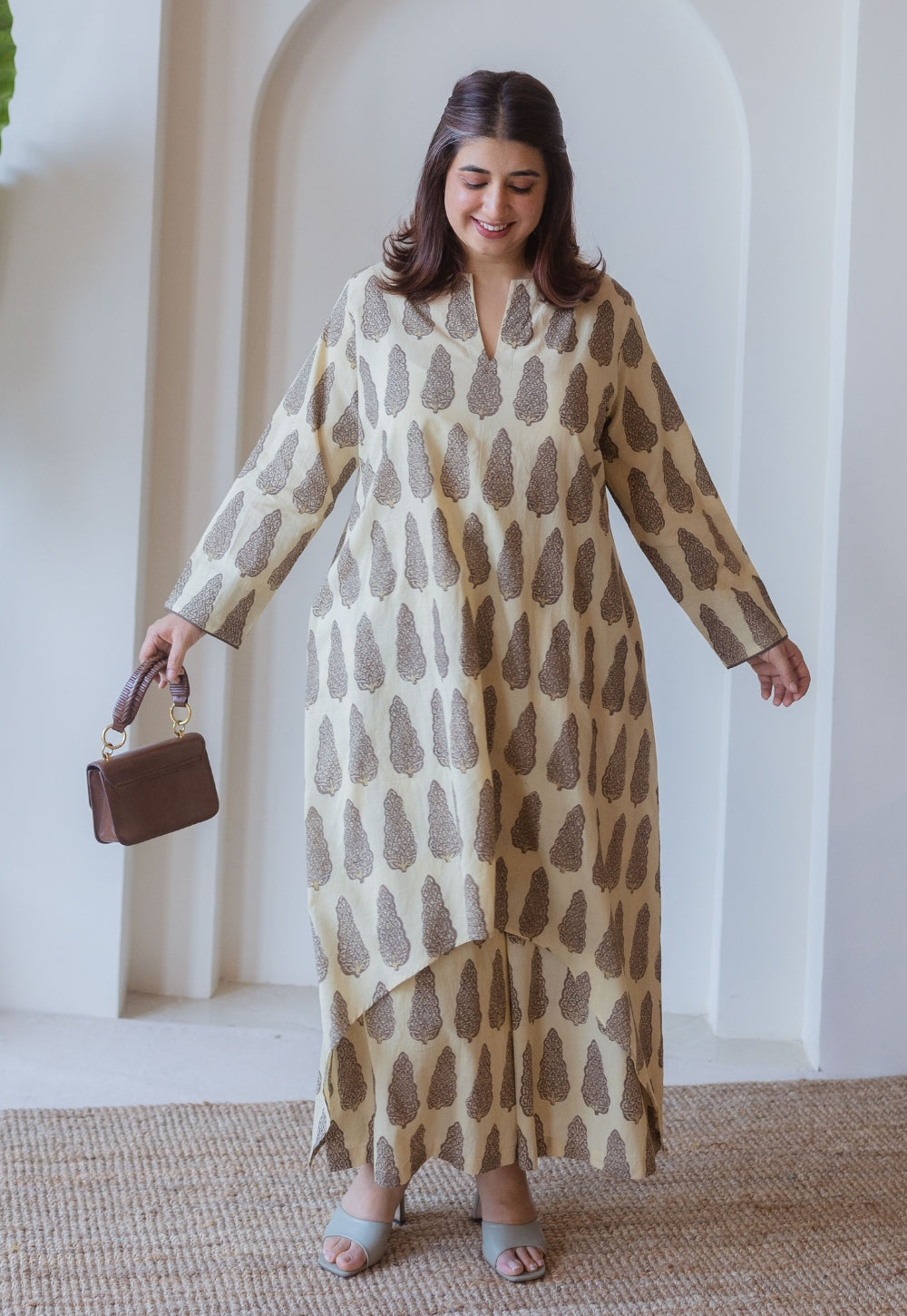 Priya Beige Ajrakh Cotton Asymmetrical Co-Ord Set