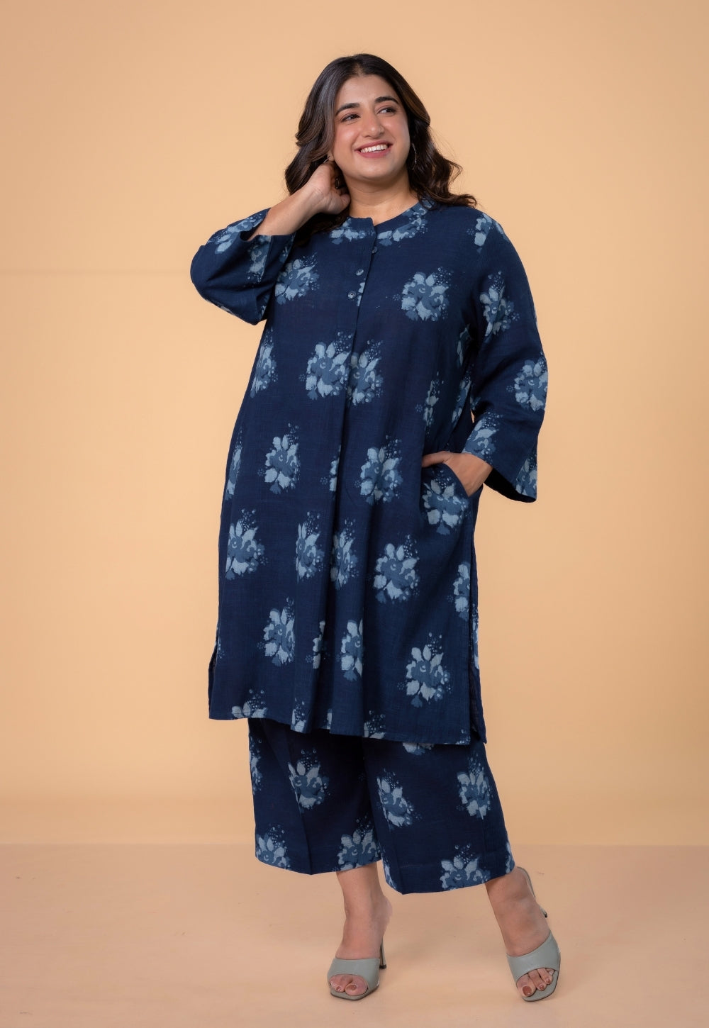 Harshi Blue Dabu Slub Cotton Straight Co-Ord Set