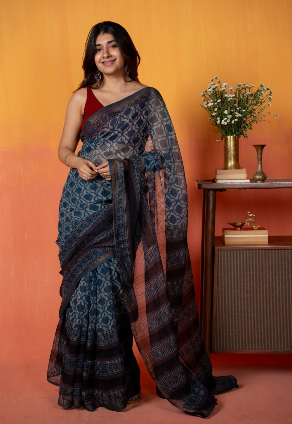 Black Floral Jaal Ajrakh Hand Block Print Kota Doria Cotton Saree