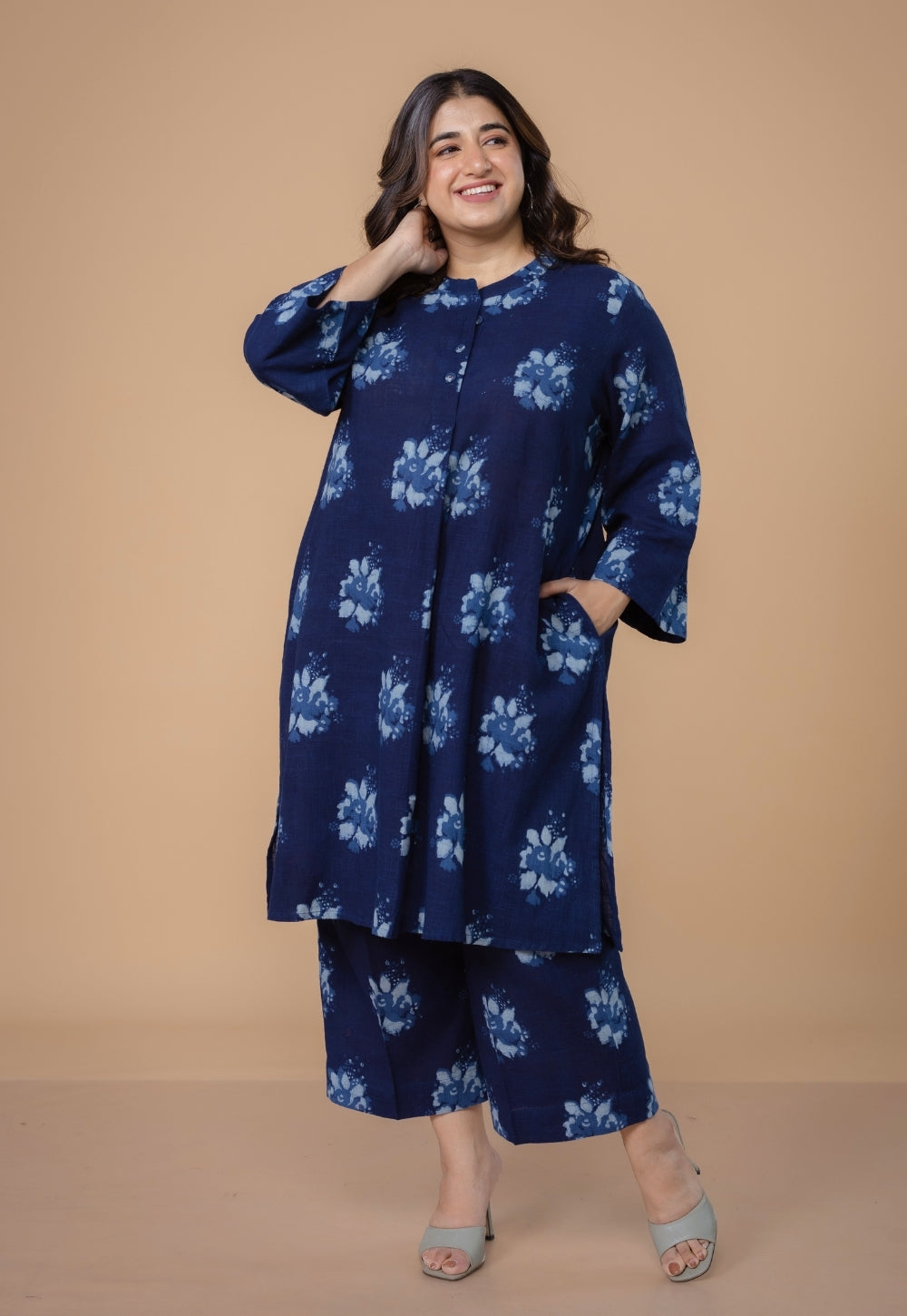 Harshi Blue Dabu Slub Cotton Straight Co-Ord Set