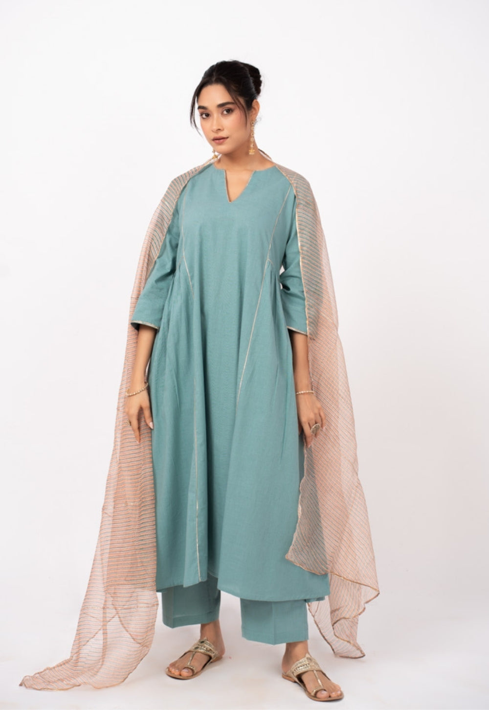 Tamanna Blue Solid Slub Cotton Kali Kurta Suit Set with Printed Dupatta (Set of 3)