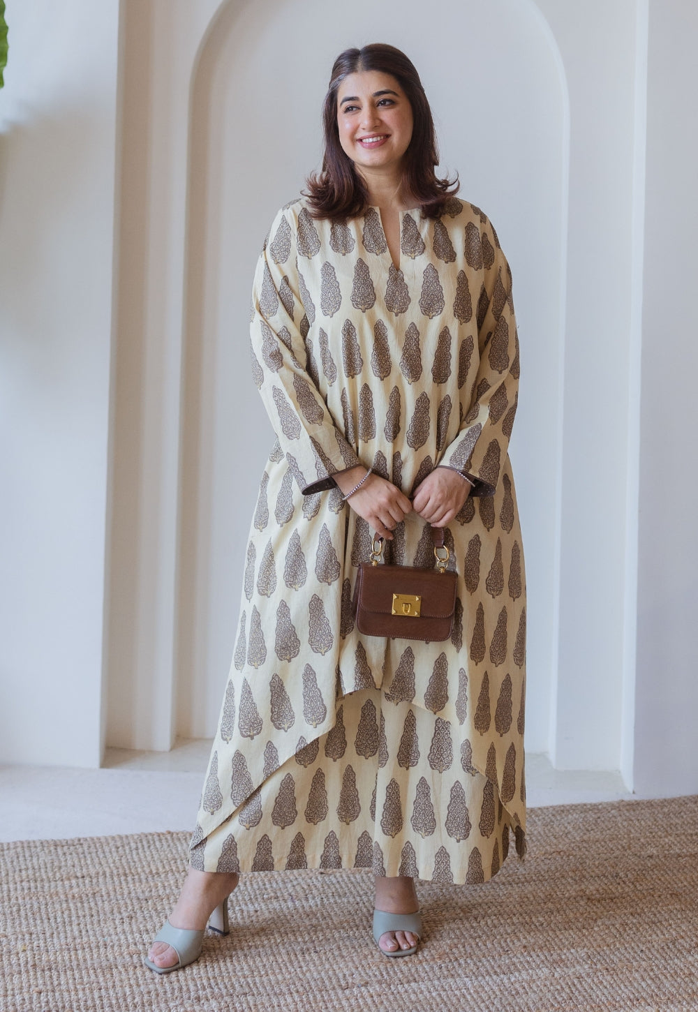 Priya Beige Ajrakh Cotton Asymmetrical Co-Ord Set