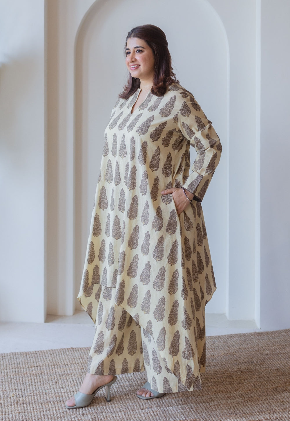Priya Beige Ajrakh Cotton Asymmetrical Co-Ord Set
