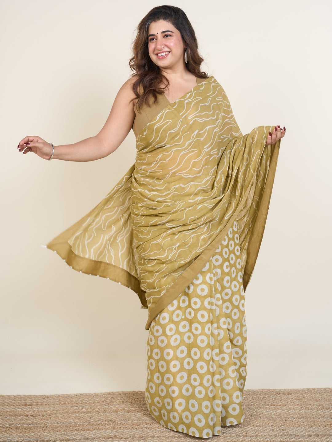 Tuba Green Batik Hand Block Print Mul Cotton Saree with Embroidery