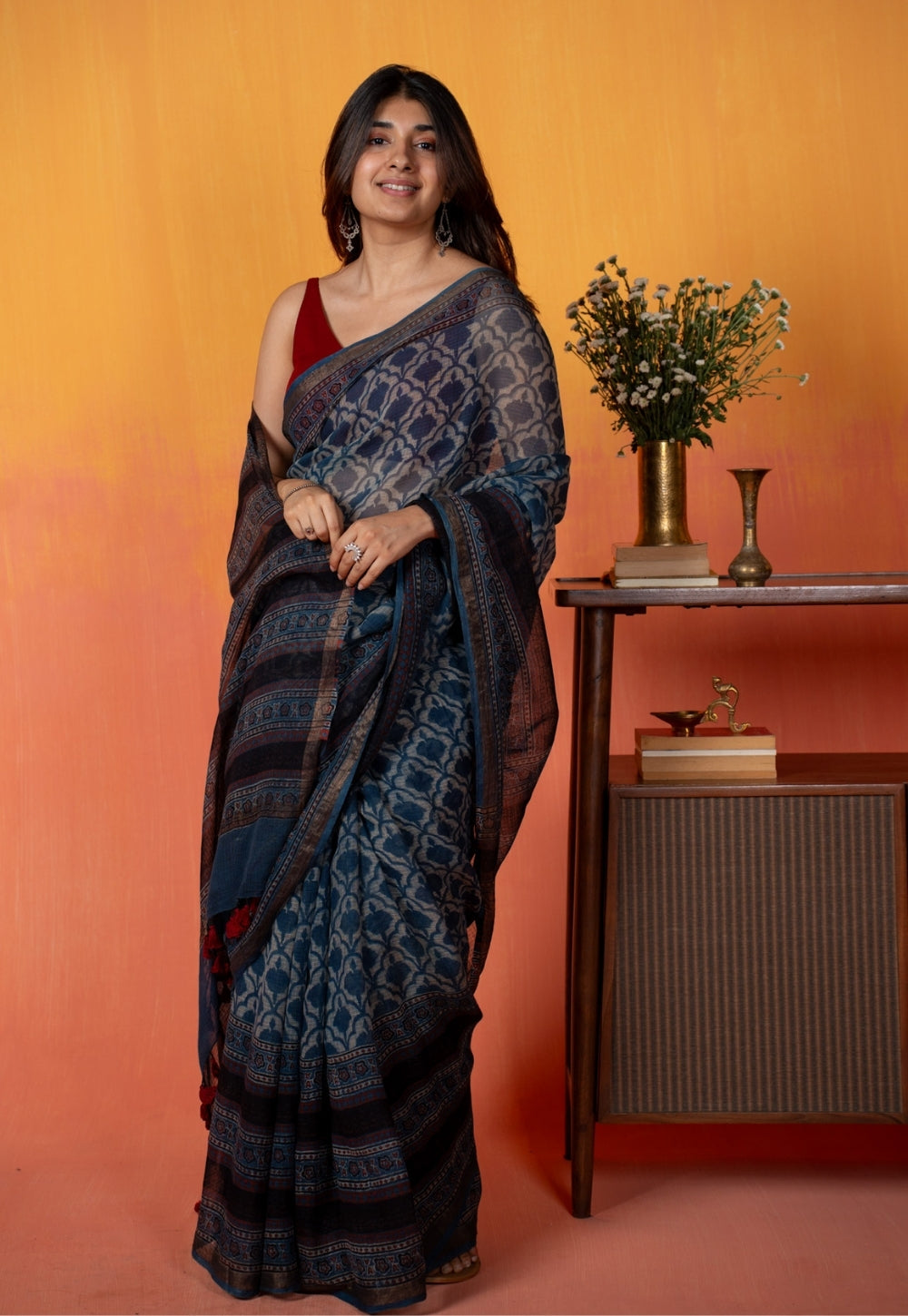 Black Floral Jaal Ajrakh Hand Block Print Kota Doria Cotton Saree