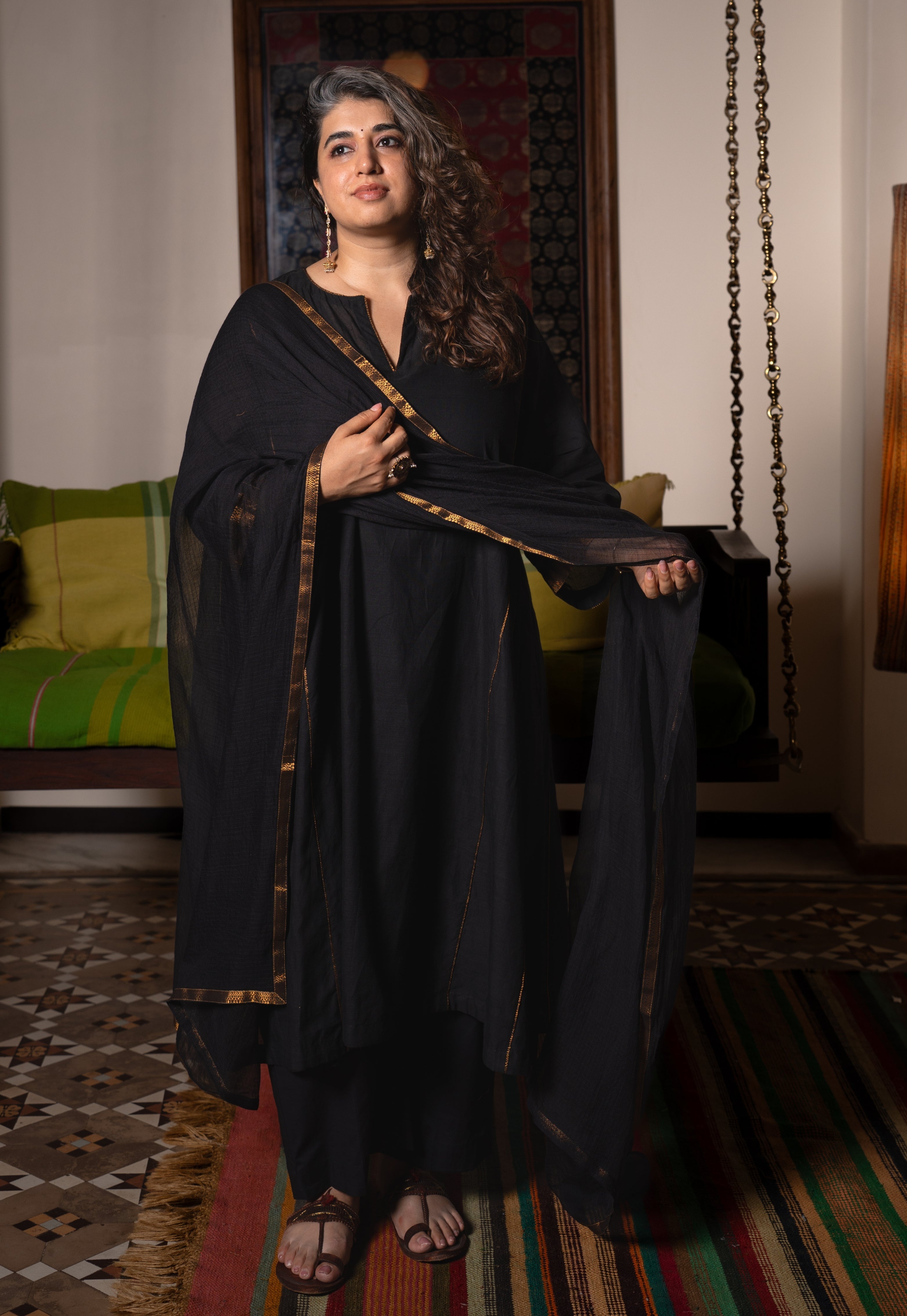 Charcoal Solid Kota Doria Cotton Dupatta with Mangalgiri Border