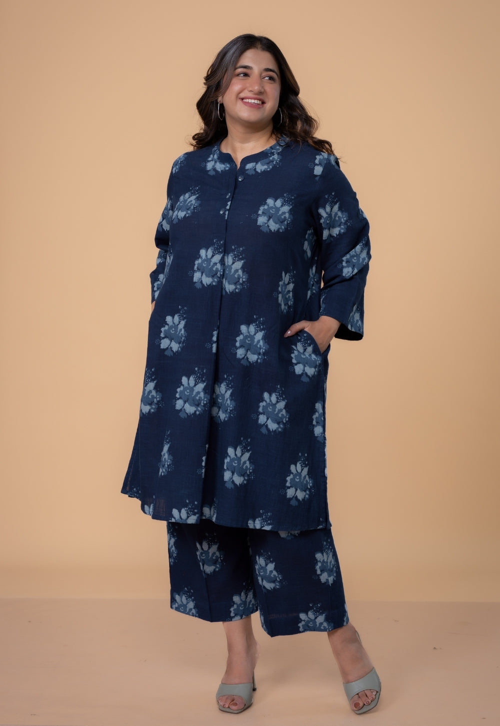 Harshi Blue Dabu Slub Cotton Straight Co-Ord Set