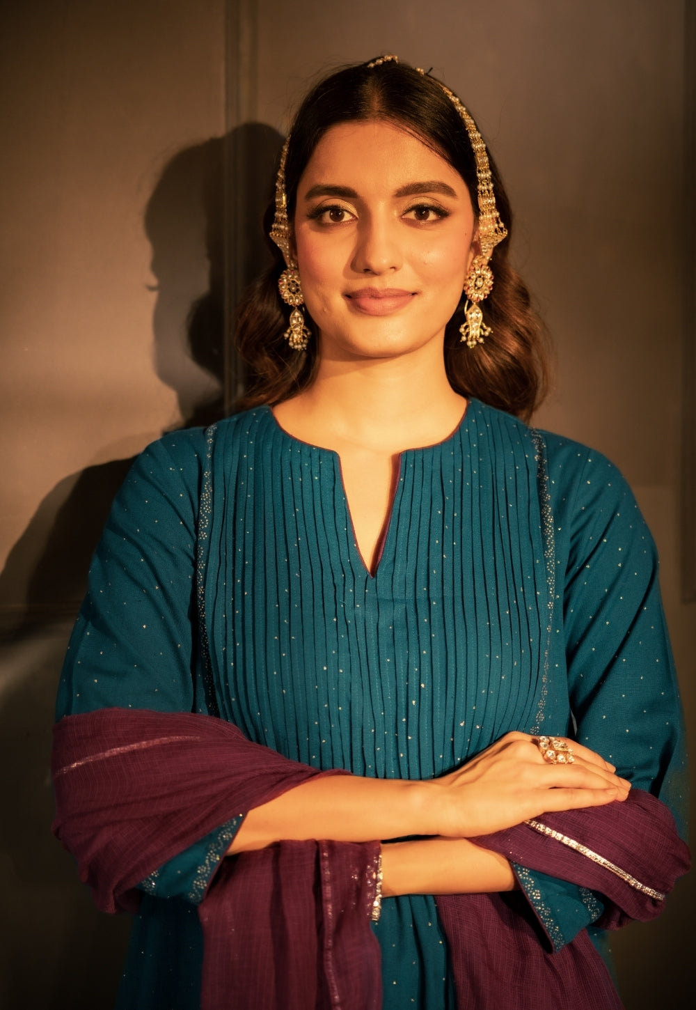 Jannat Blue Rogan Handblock Printed Cotton Flex Suit Set (Set of 3)