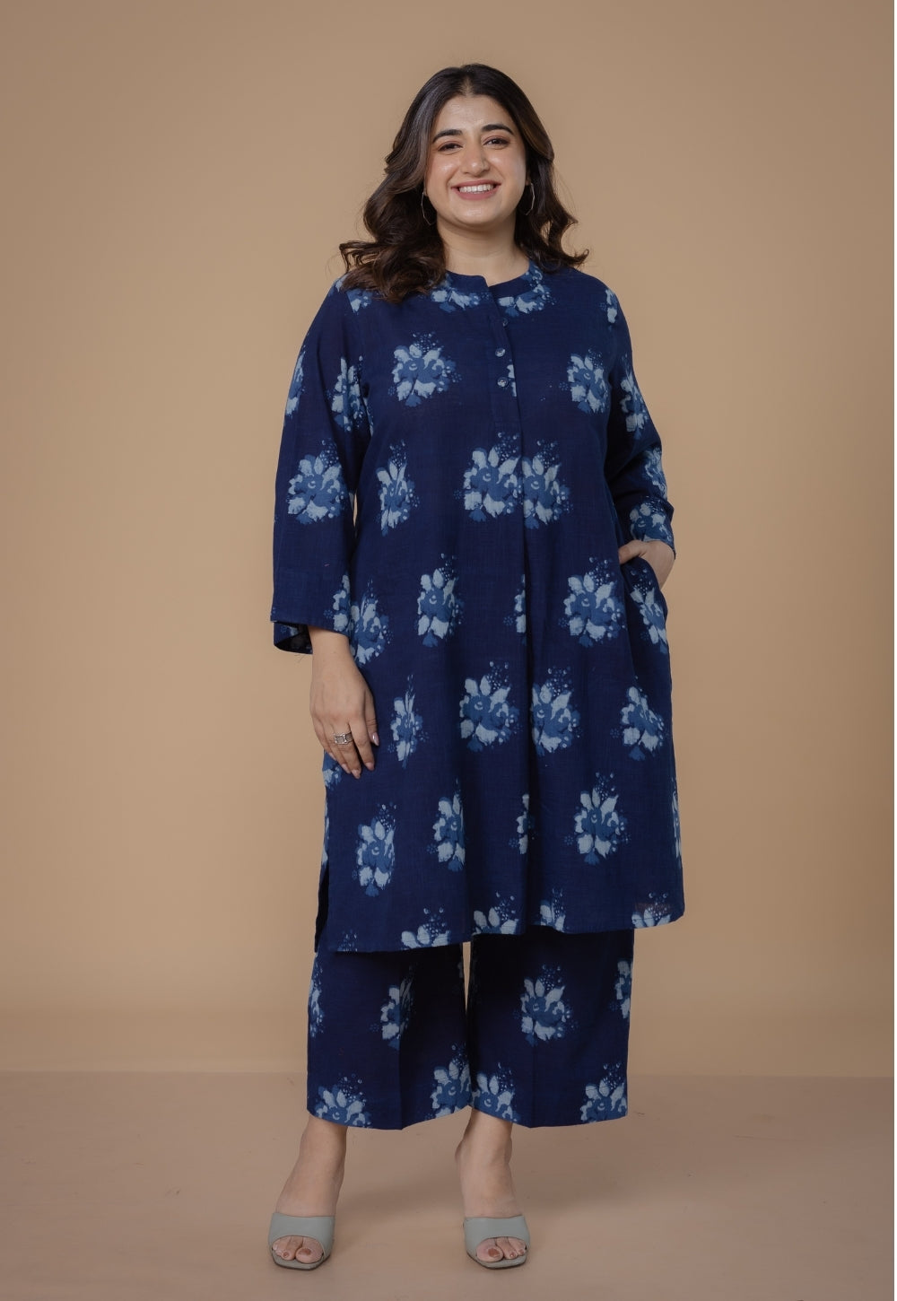 Harshi Blue Dabu Slub Cotton Straight Co-Ord Set