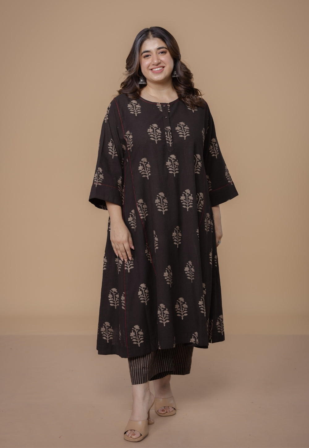 Disha Brown Dabu Slub Cotton Jhabbha Kali Kurta Set (Set of 2)