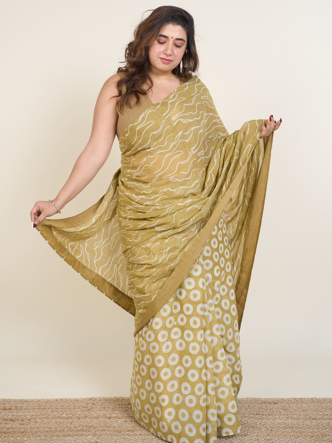 Tuba Green Batik Hand Block Print Mul Cotton Saree with Embroidery