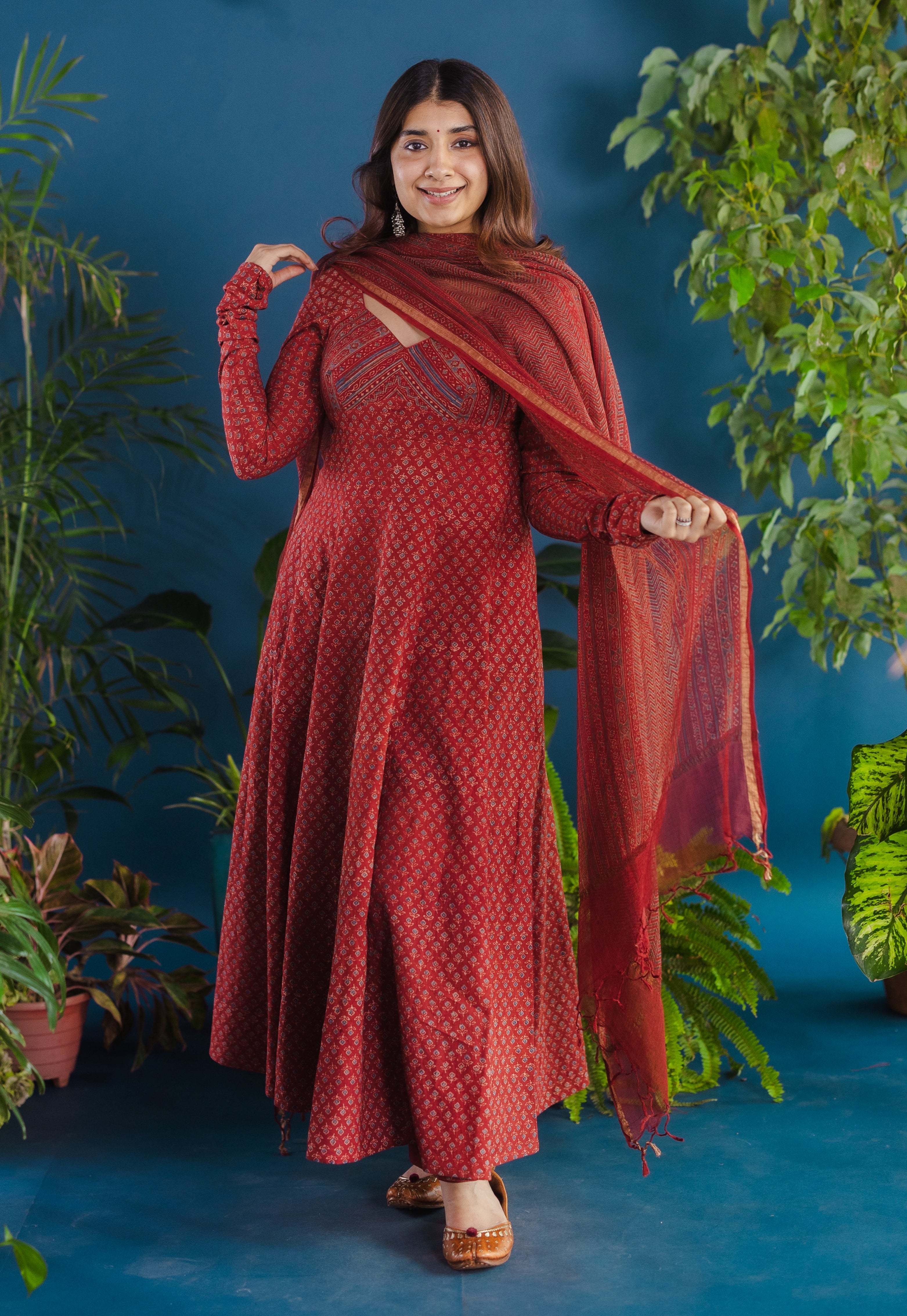 Red Chevron Ajrakh Kota Doria Cotton Dupatta