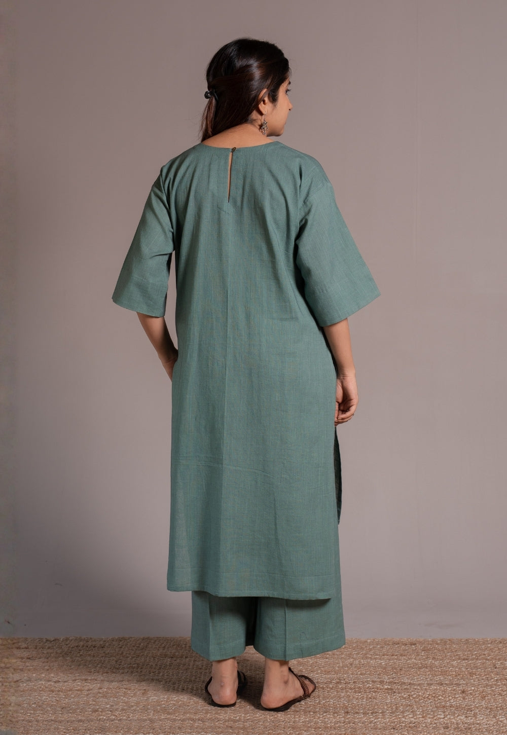 Dusty Teal Solid Slub Cotton Straight Kurta - DyeVerse