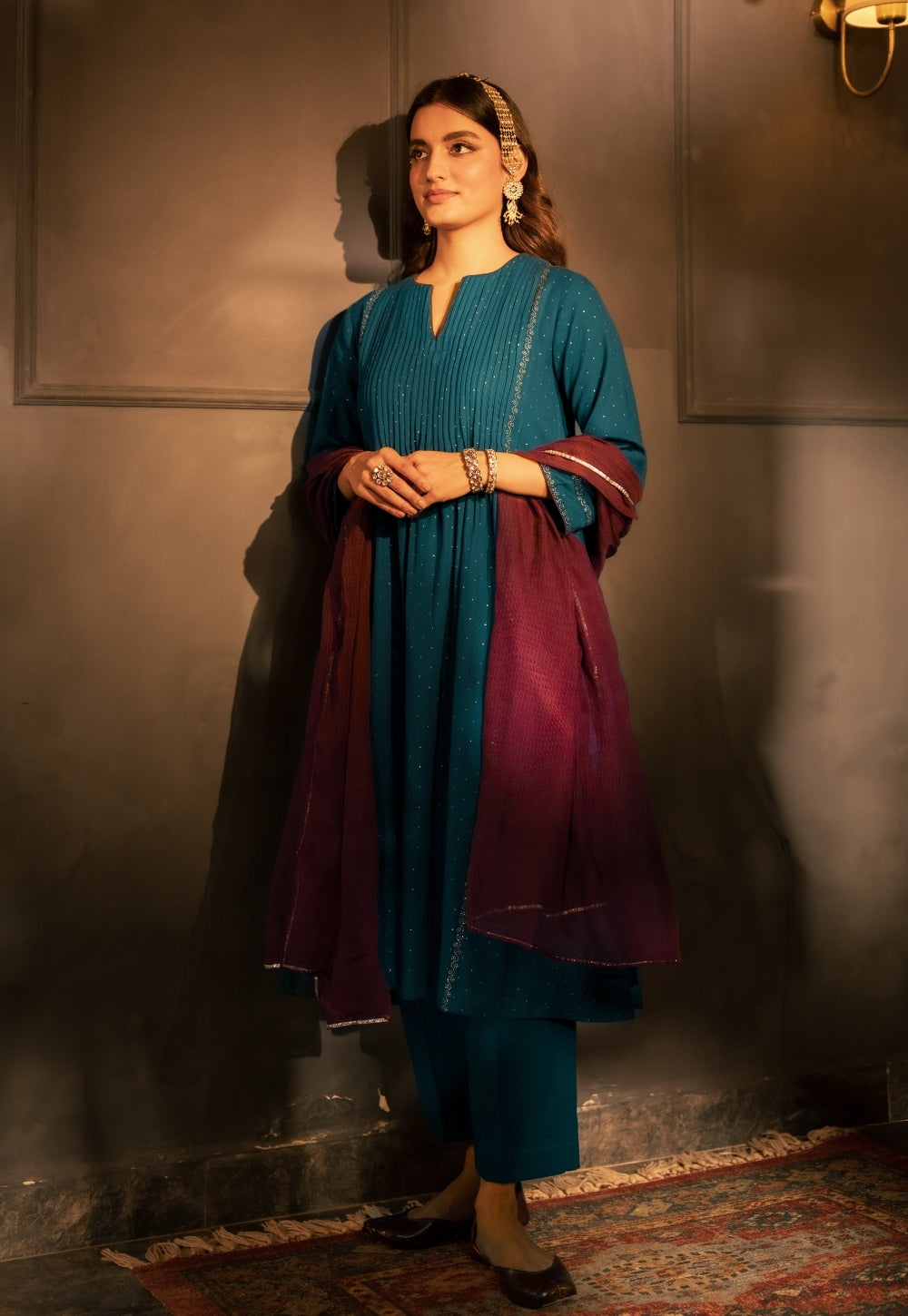 Jannat Blue Rogan Handblock Printed Cotton Flex Suit Set (Set of 3)
