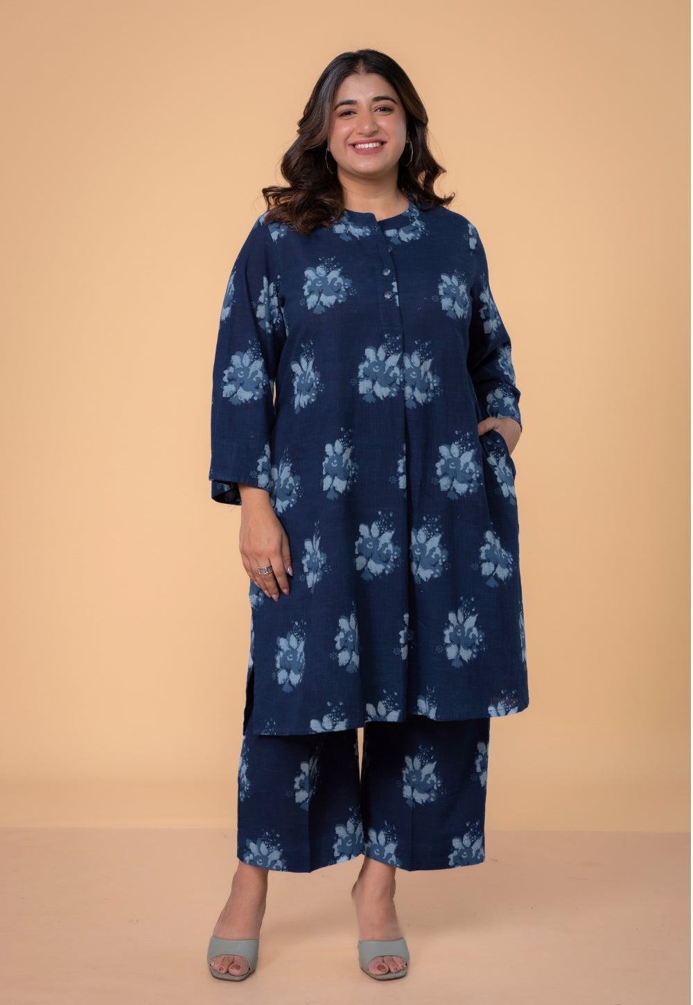Harshi Blue Dabu Slub Cotton Straight Co-Ord Set