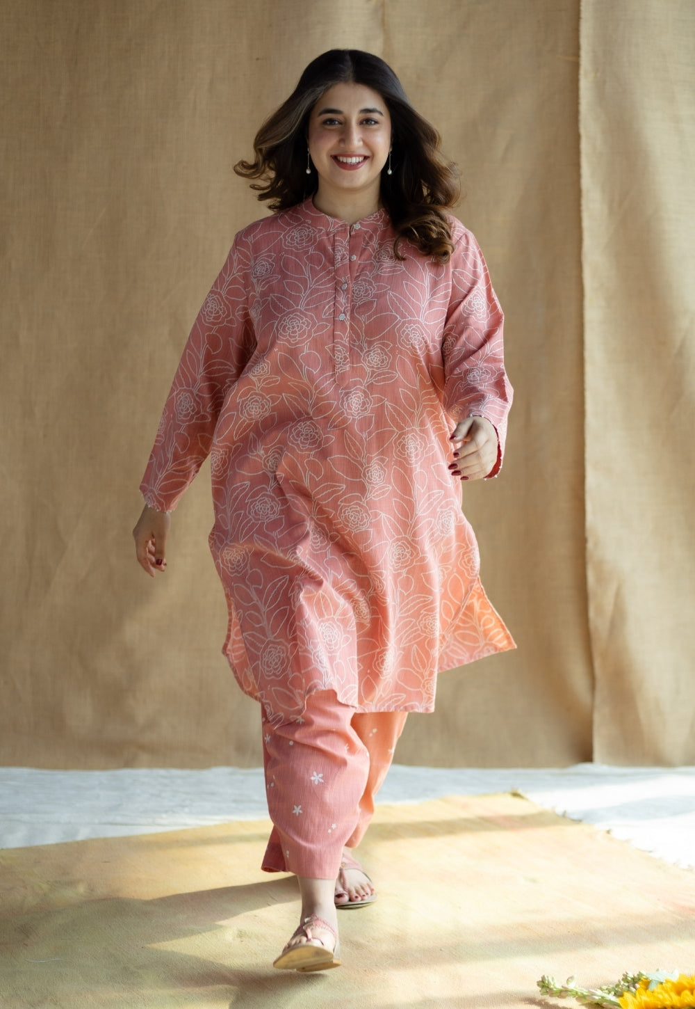 Azha Coral Hand Block Print Slub Cotton Straight Kurta with Hand Embroidery