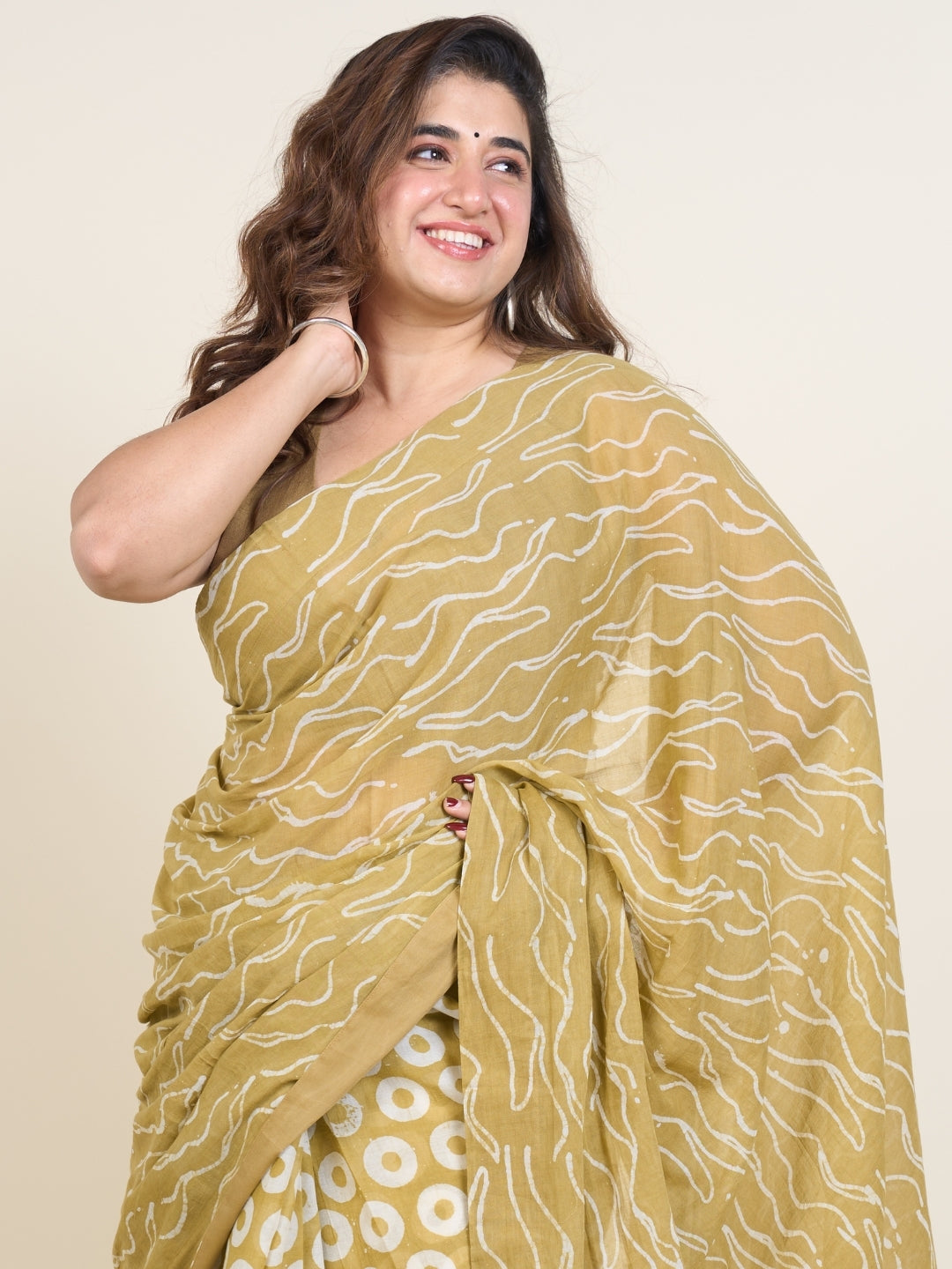 Tuba Green Batik Hand Block Print Mul Cotton Saree with Embroidery