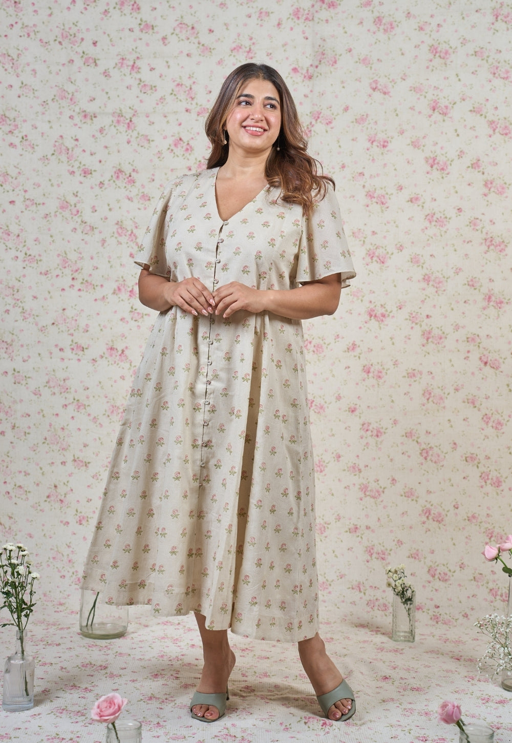 Leah Grey Butti Sanganeri Mul Cotton A Line Dress