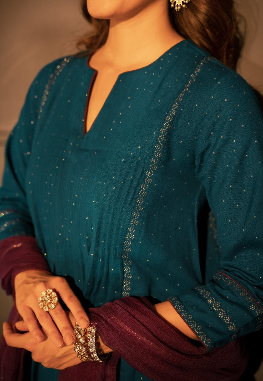 Jannat Blue Rogan Handblock Printed Cotton Flex Suit Set (Set of 3)