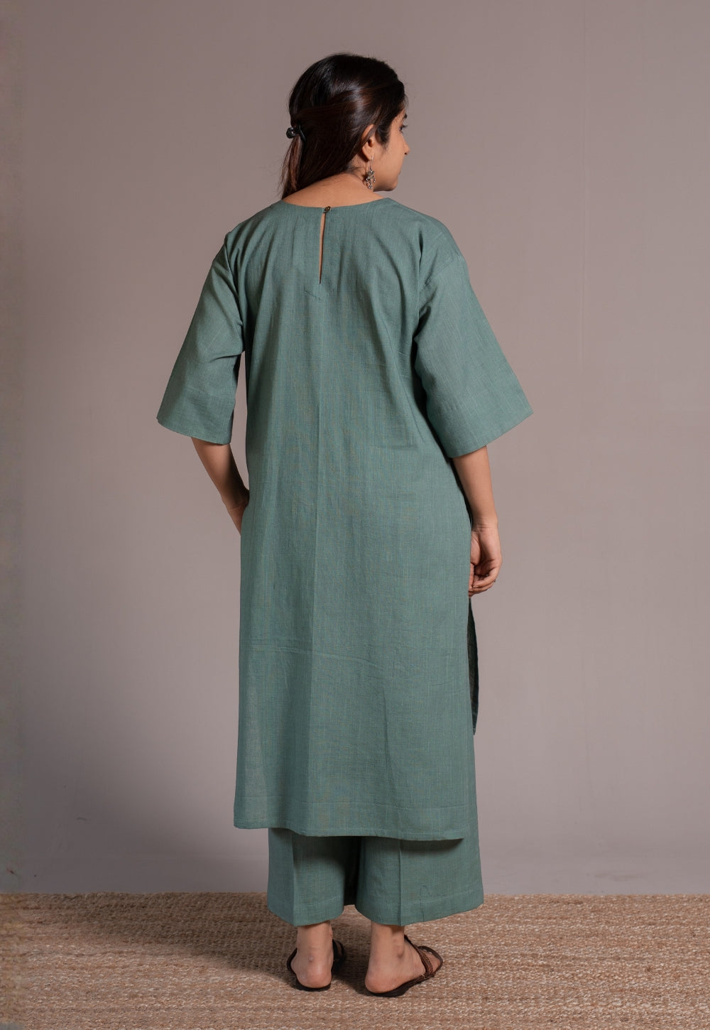 Dusty Teal Solid Slub Cotton Straight Co-Ord Set - DyeVerse