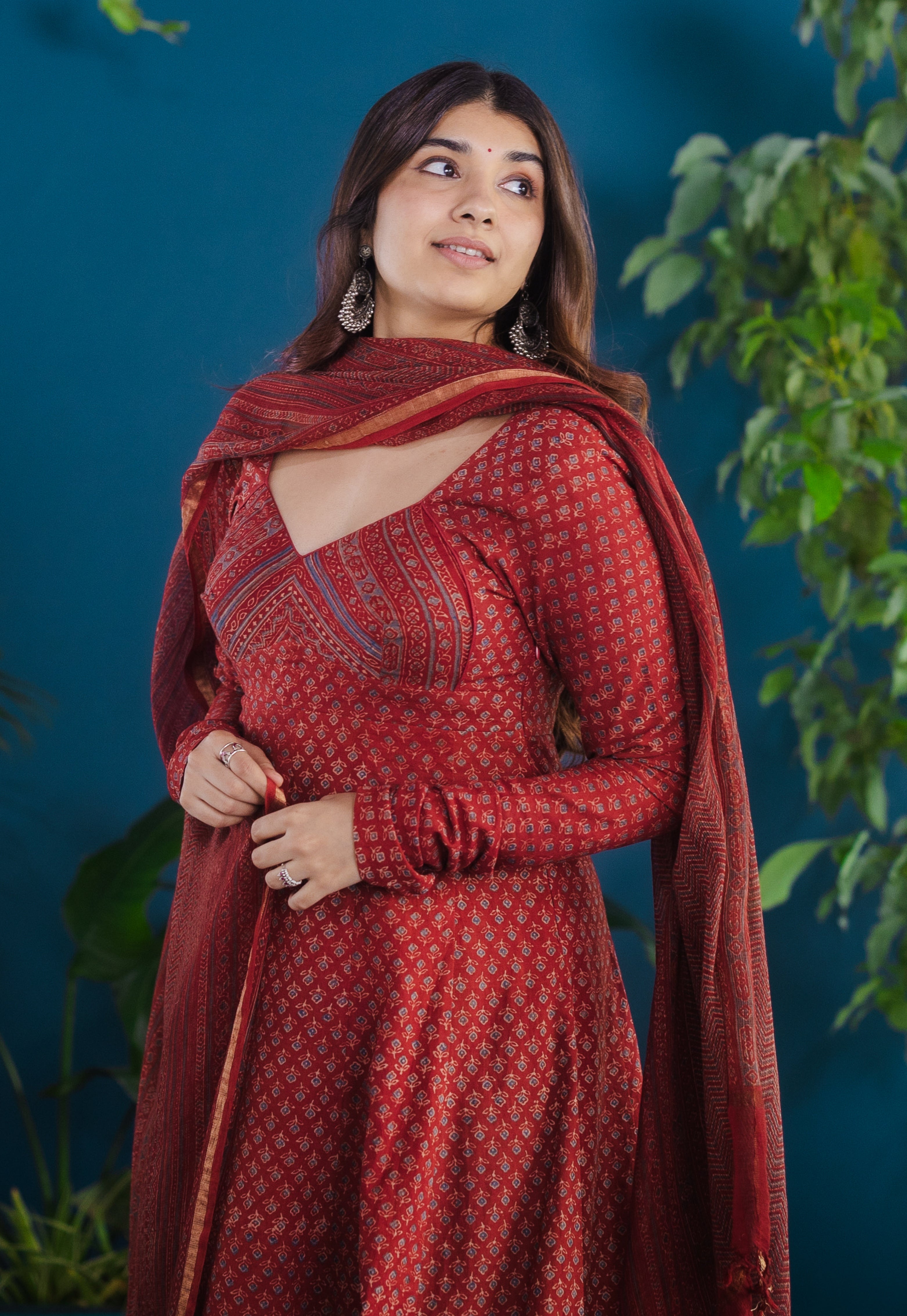Red Chevron Ajrakh Kota Doria Cotton Dupatta