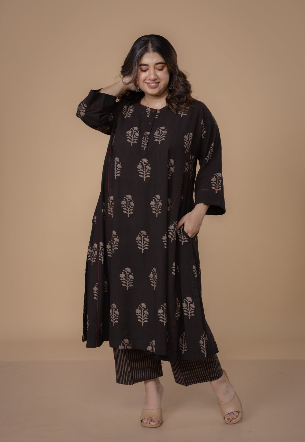 Disha Brown Dabu Slub Cotton Jhabbha Kali Kurta Set (Set of 2)