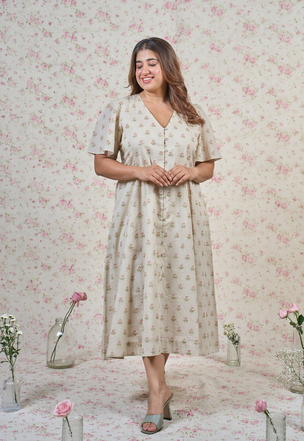 Leah Grey Butti Sanganeri Mul Cotton A Line Dress