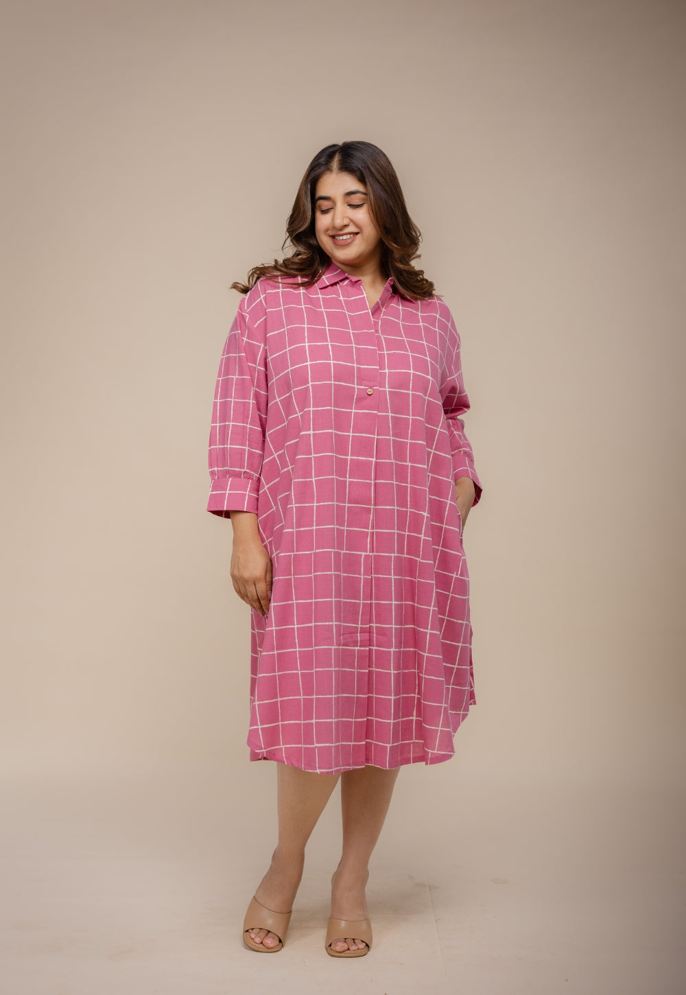 Ridah Pink Hand Block Print Cotton Anti-Fit Dress
