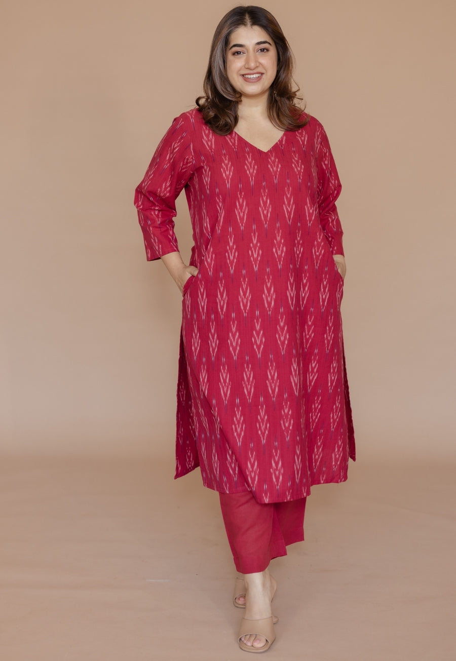 Aarushi Pink Handloom Ikkat Cotton Straight Kurta