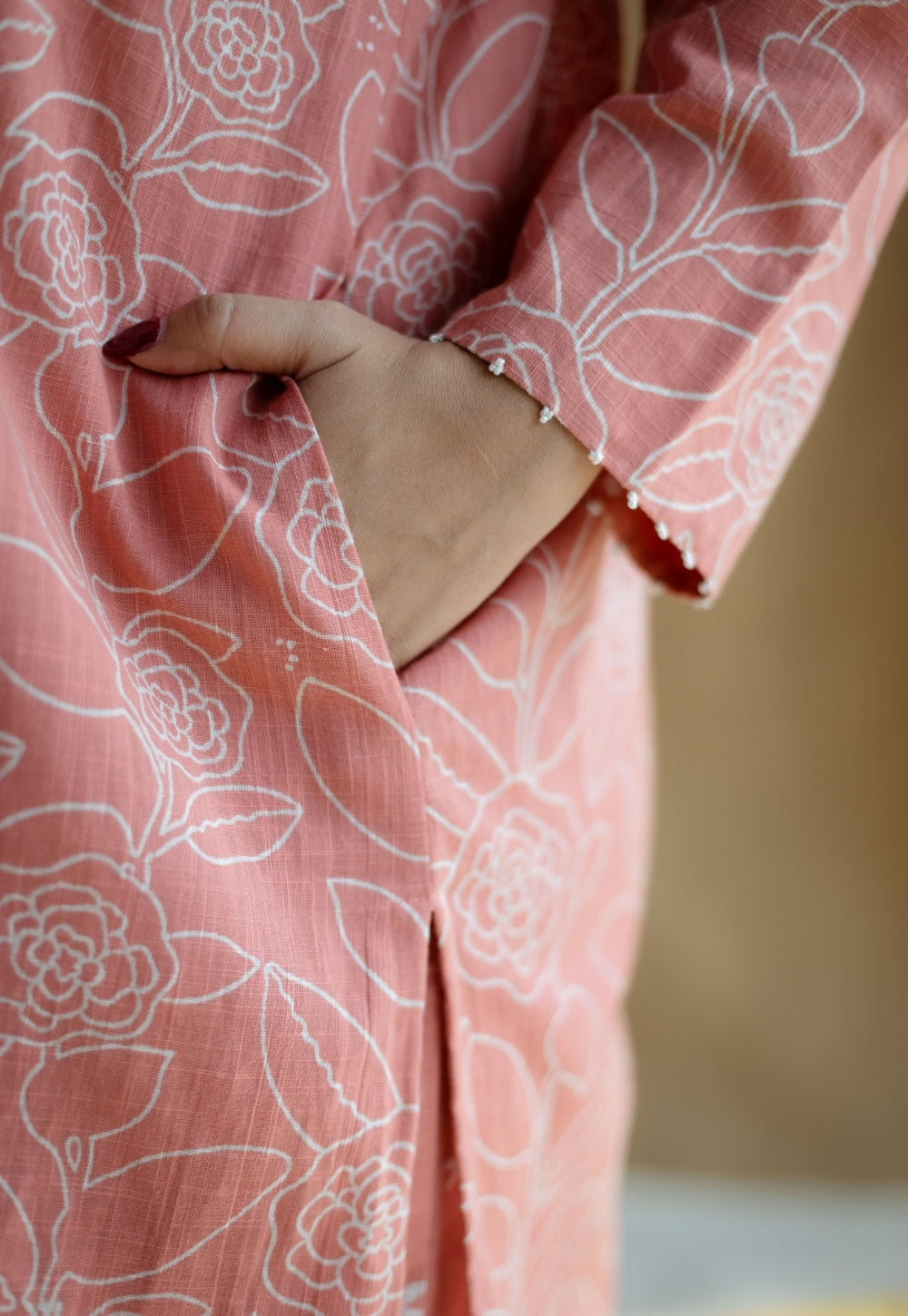 Azha Coral Hand Block Print Slub Cotton Straight Kurta with Hand Embroidery