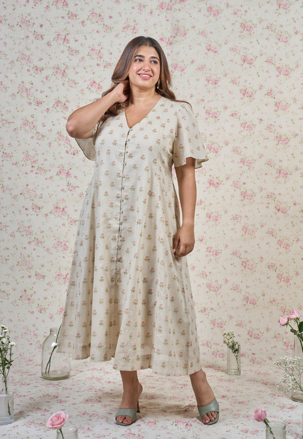 Leah Grey Butti Sanganeri Mul Cotton A Line Dress
