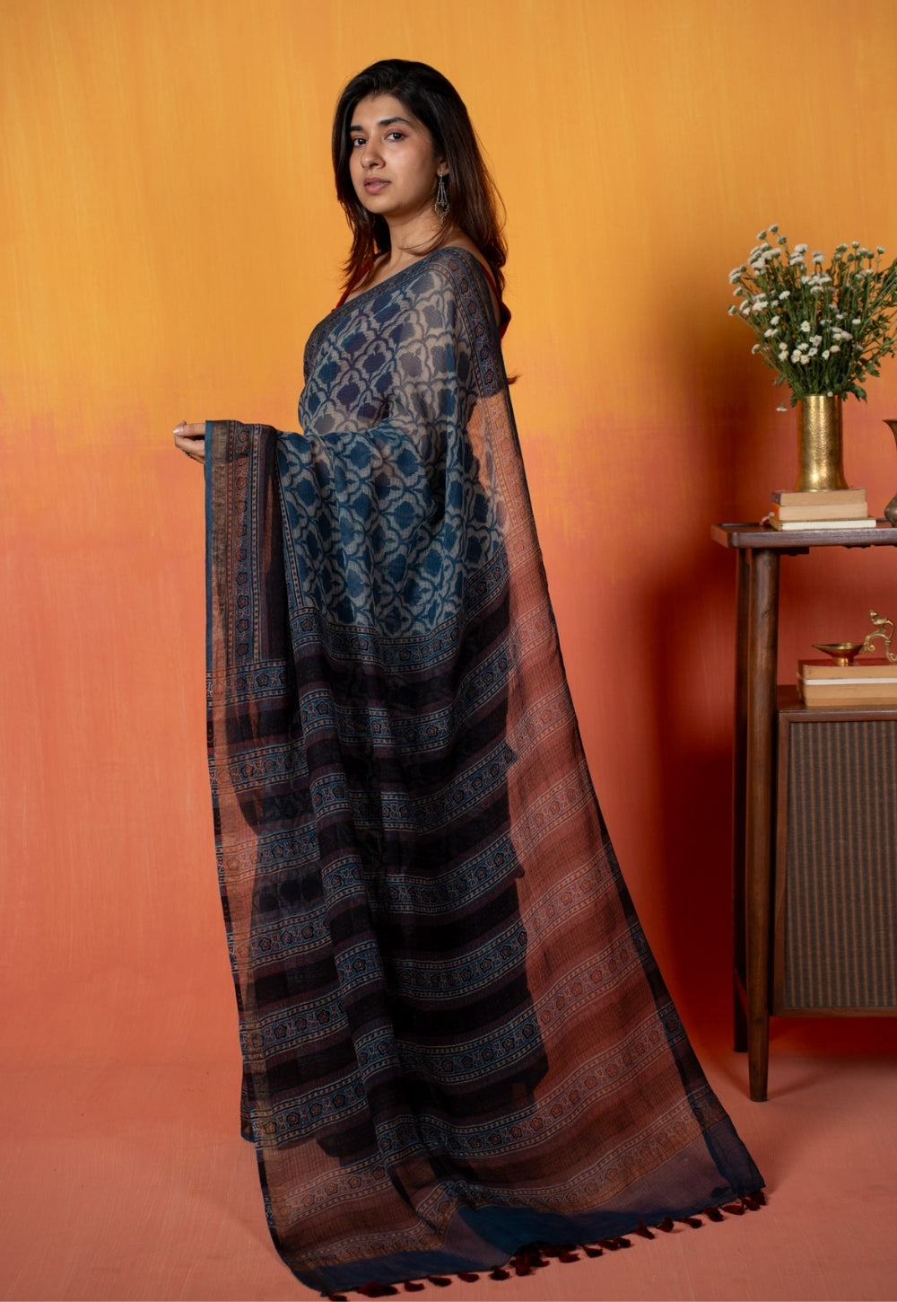 Black Floral Jaal Ajrakh Hand Block Print Kota Doria Cotton Saree
