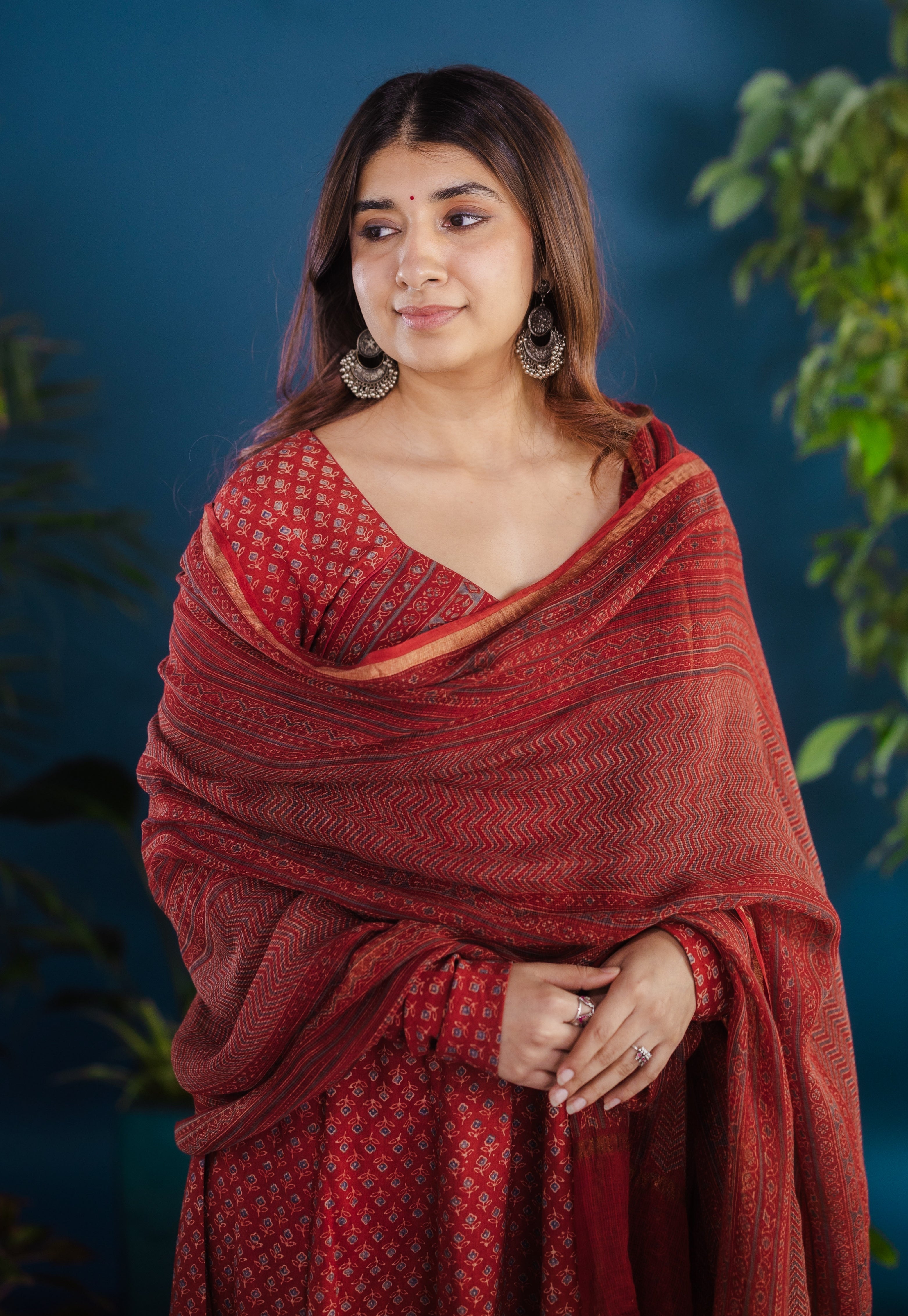 Red Chevron Ajrakh Kota Doria Cotton Dupatta