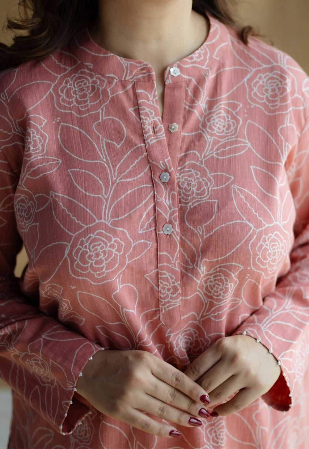 Azha Coral Hand Block Print Slub Cotton Straight Kurta with Hand Embroidery