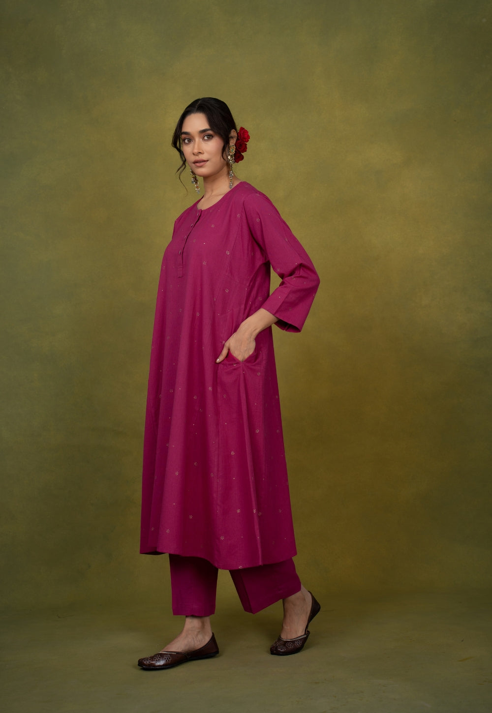 Alizah Pink Rogan Handblock Printed Cotton Jhabbha Kali Suit Set (Set of 3)