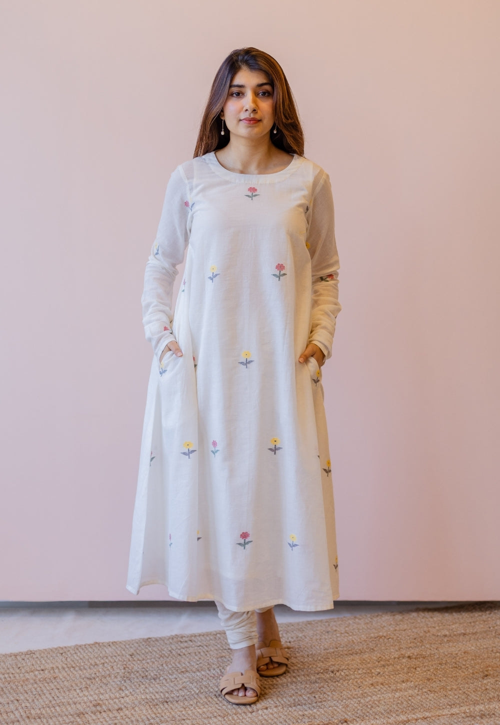 Kiran Off White Jamdani Handspun Handwoven Cotton A Line Kurta
