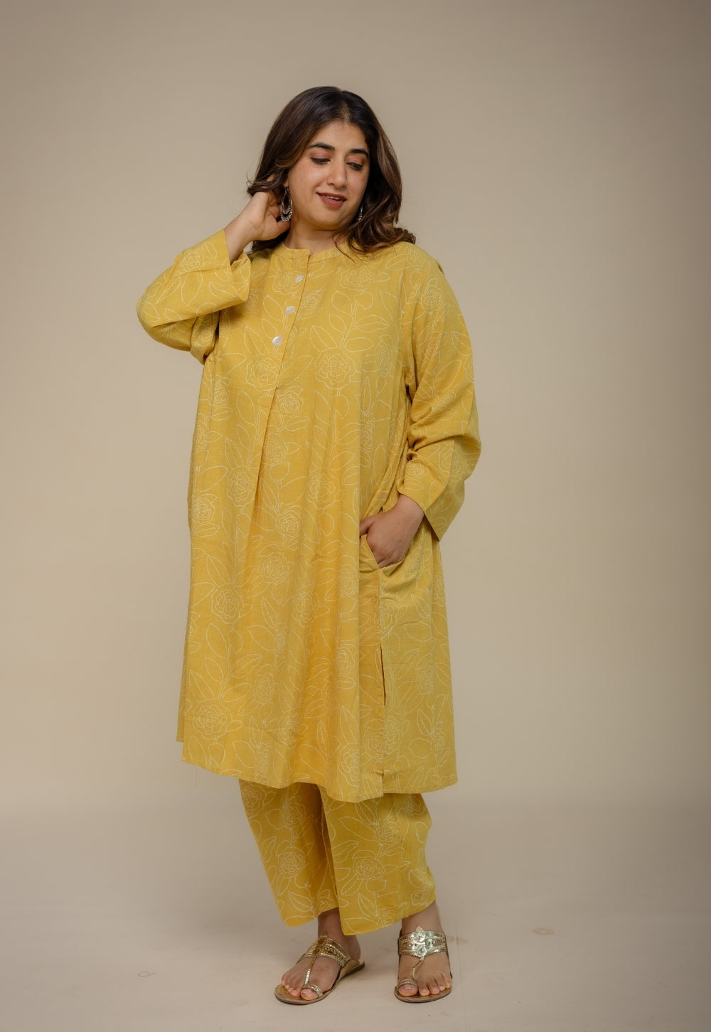 Ayaat Yellow Hand Block Print Slub Cotton Anti-Fit Co-Ord Set