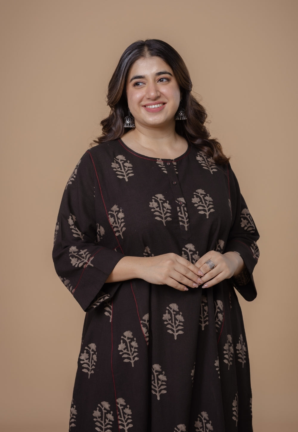 Disha Brown Dabu Slub Cotton Jhabbha Kali Kurta Set (Set of 2)