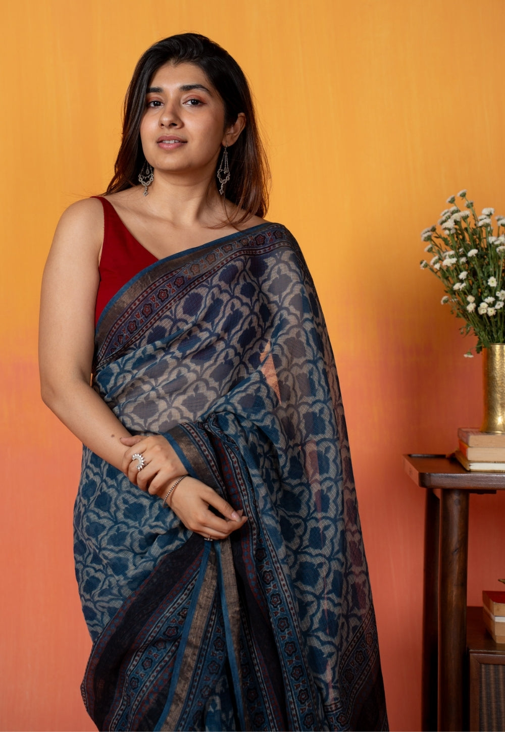 Black Floral Jaal Ajrakh Hand Block Print Kota Doria Cotton Saree
