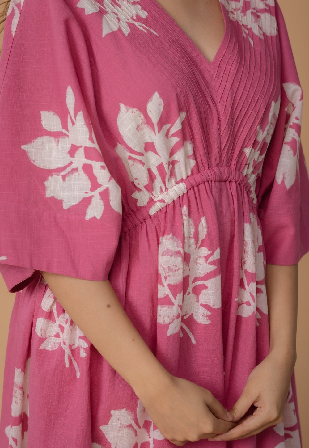 Jiana Pink Dabu Slub Cotton Kaftan Dress