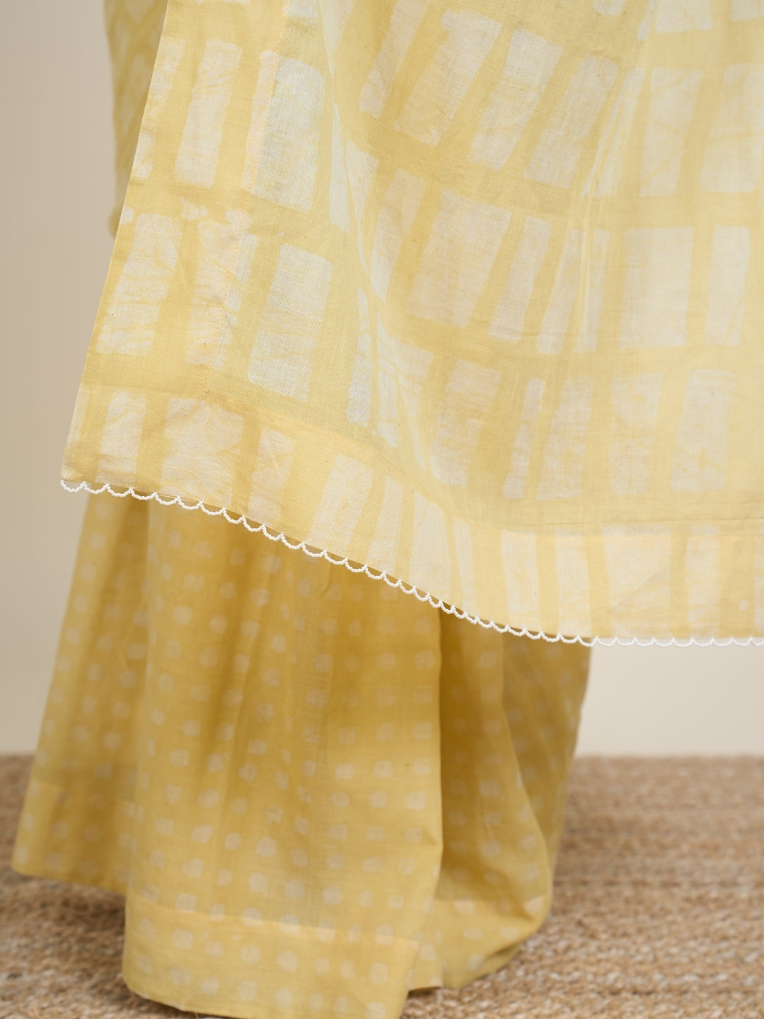 Ramisha Yellow Batik Hand Block Print Mul Cotton Saree with Embroidery