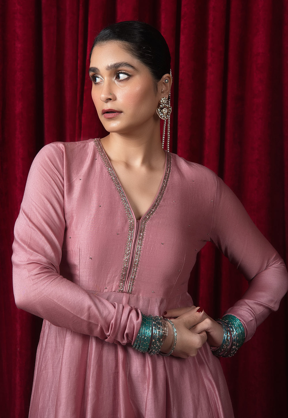 Husna Pink Solid Chanderi Silk Kali Kurta with Hand Embroidery