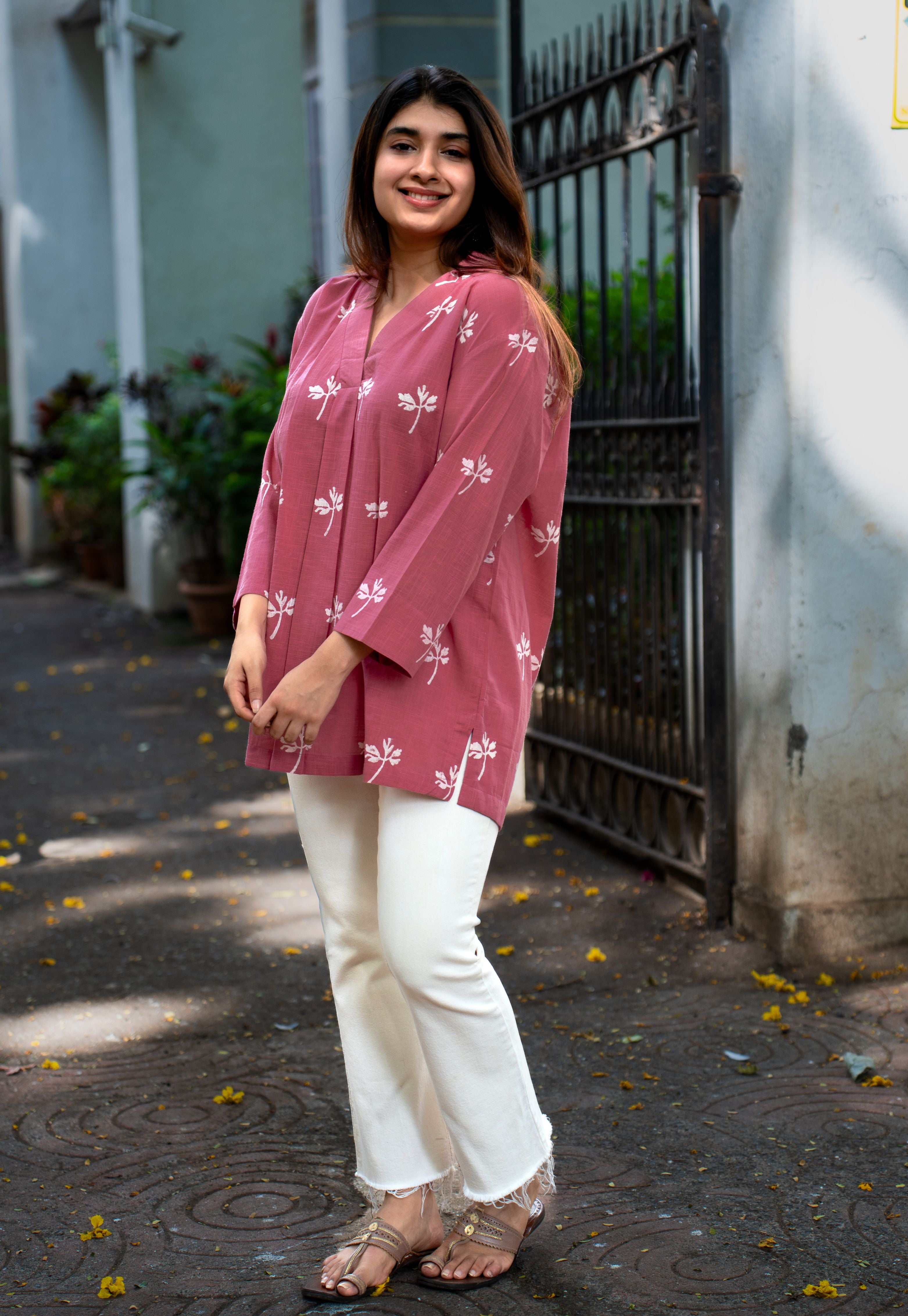 Aazaya Pink Dabu Slub Cotton A Line Short Top