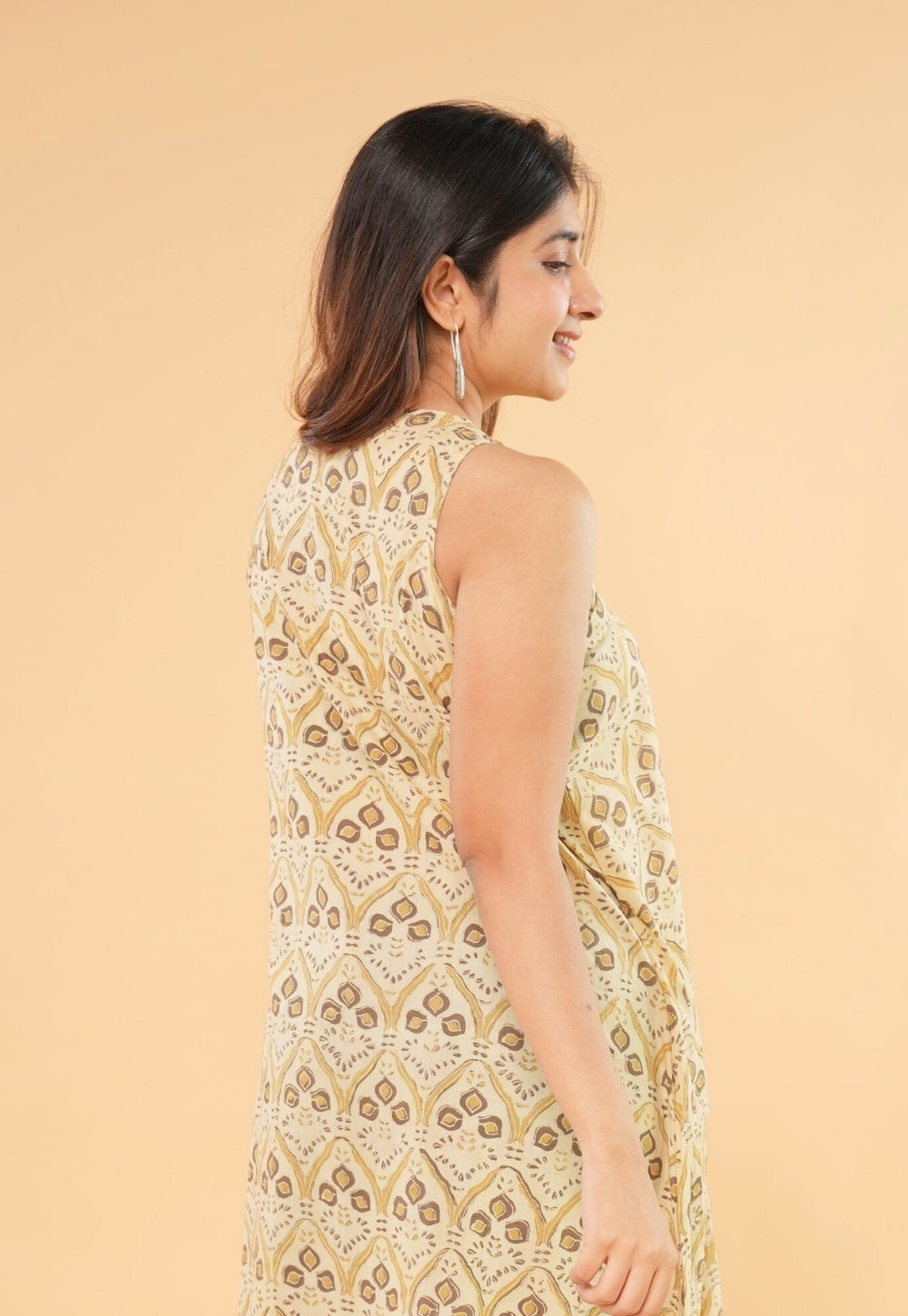 Eira Beige Ajrakh Cotton A Line Dress