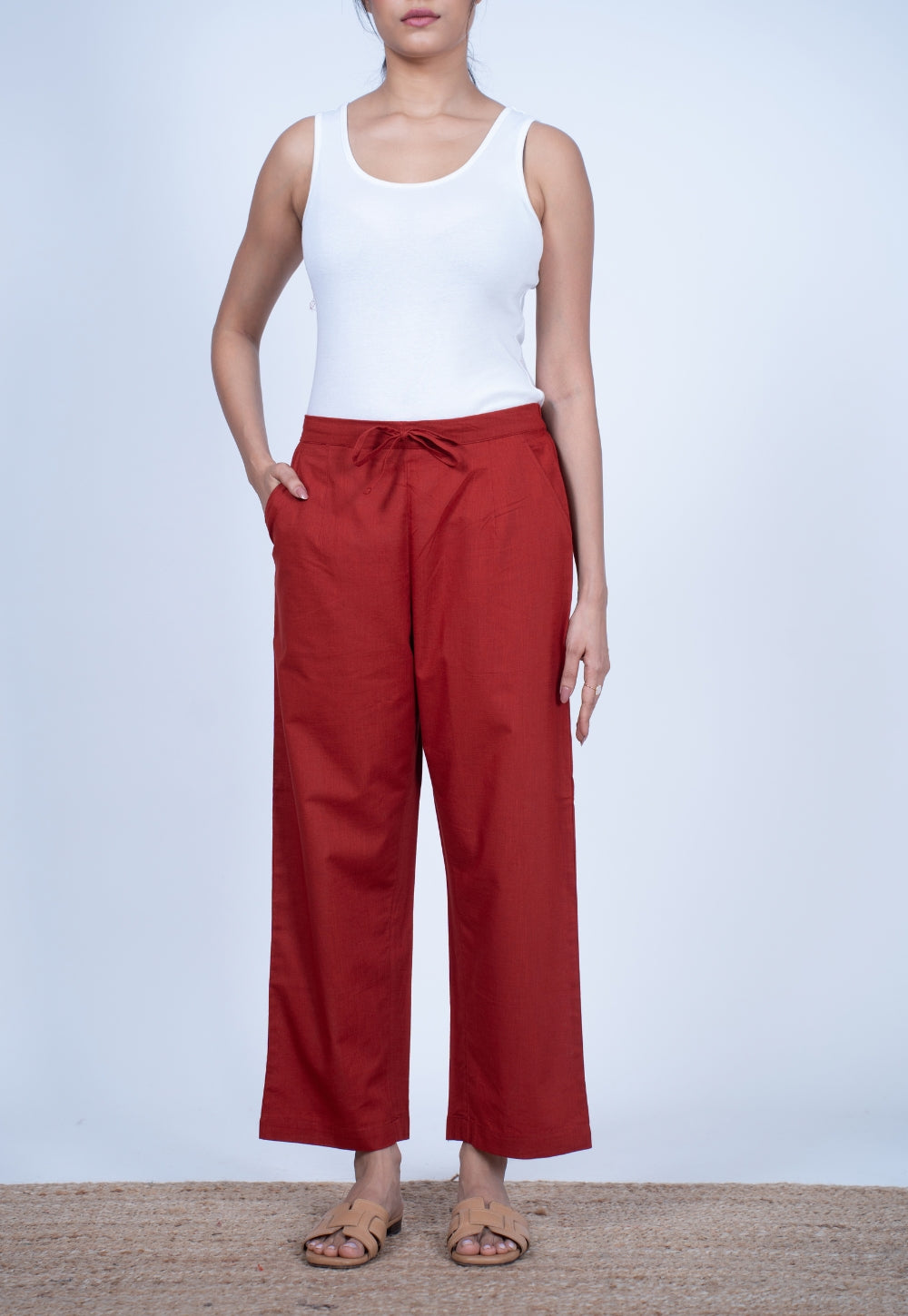 Yashi Red Solid Slub Cotton Straight Pant